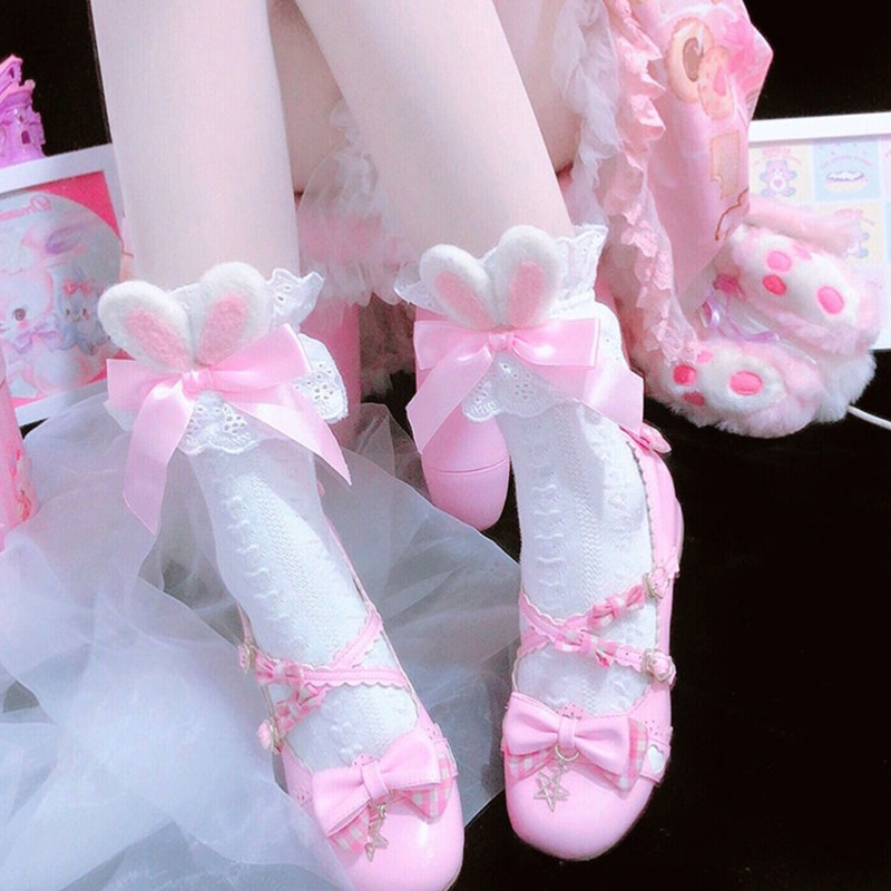 Tất Cotton Dệt Kim Đính Nơ Tai Thỏ 3D Phong Cách Lolita Cho Nữ