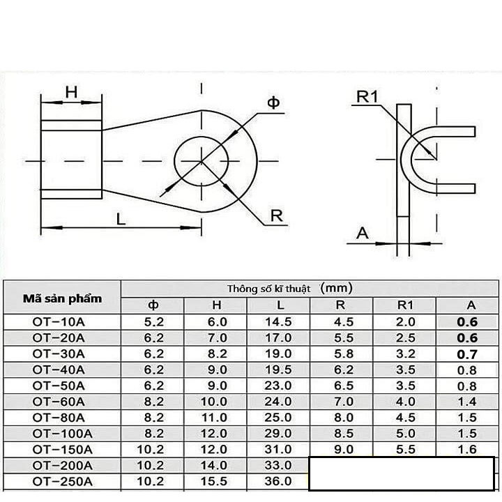 combo 10 chiếc đầu cos dây điện đồng đỏ OT-100A, đầu cốt bấm dây điện, cosse nối bình acquy xe đạp, xe máy, loa âm thanh