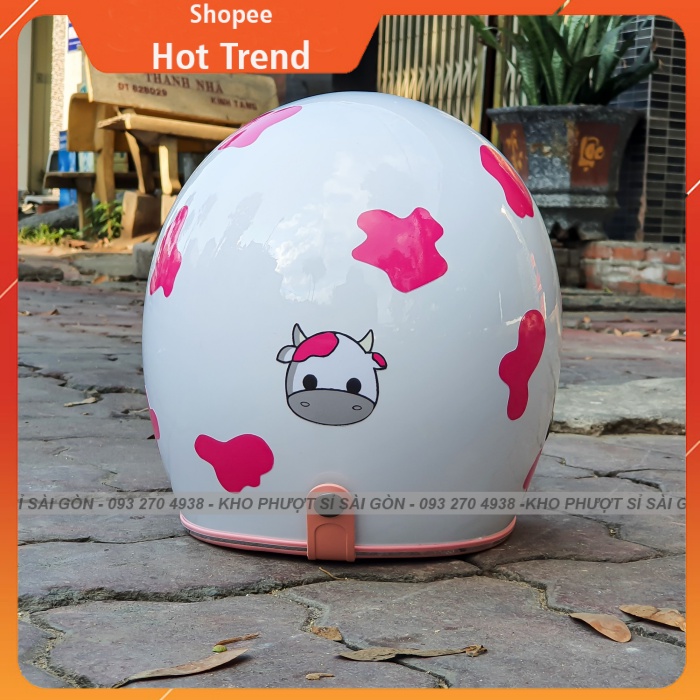 Mũ bảo hiểm 3/4 hồng lên sticker bò sữa hồng cho bạn nữ siêu cute - nón 3/4 bò sữa trắng lót hồng babe