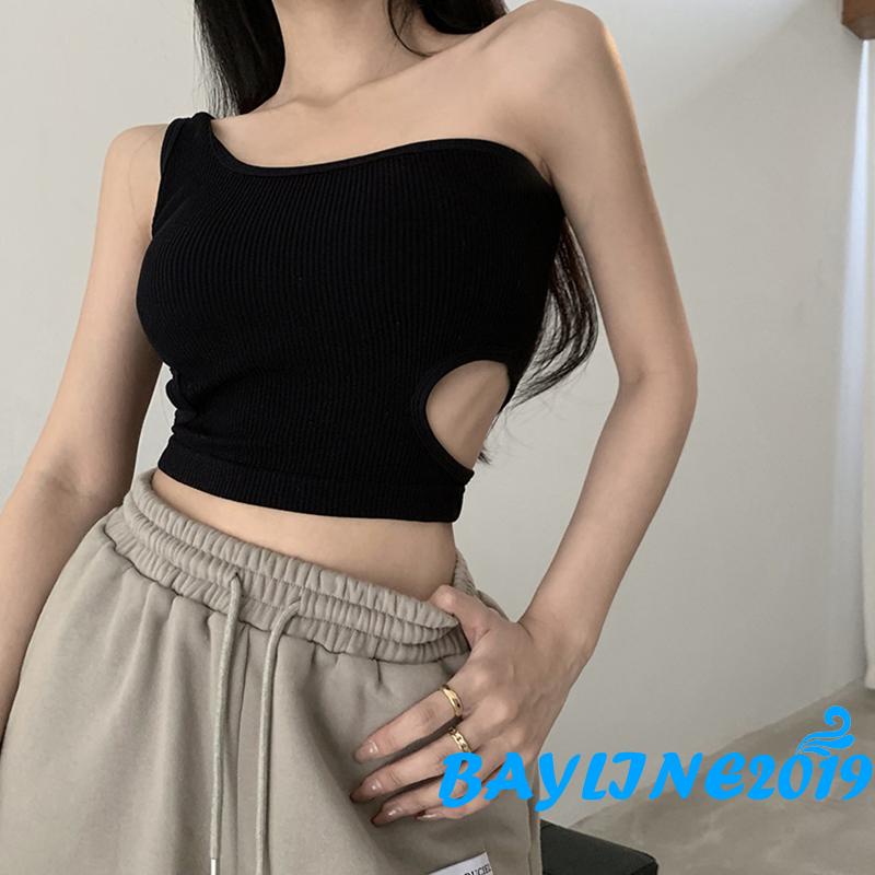 BAY-Women One Shoulder Crop Tops, Ribbed Solid Color Cutout Waist Slim Fit Sleeveless Vest Camisole