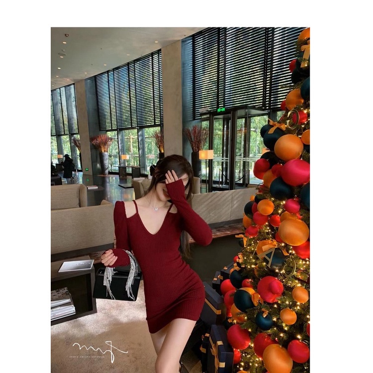 Đầm dự tiệc SUXI dài tay cổ chữ V dáng ôm phong cách Hàn Quốc thời trang mùa thu mới gợi cảm cho nữ