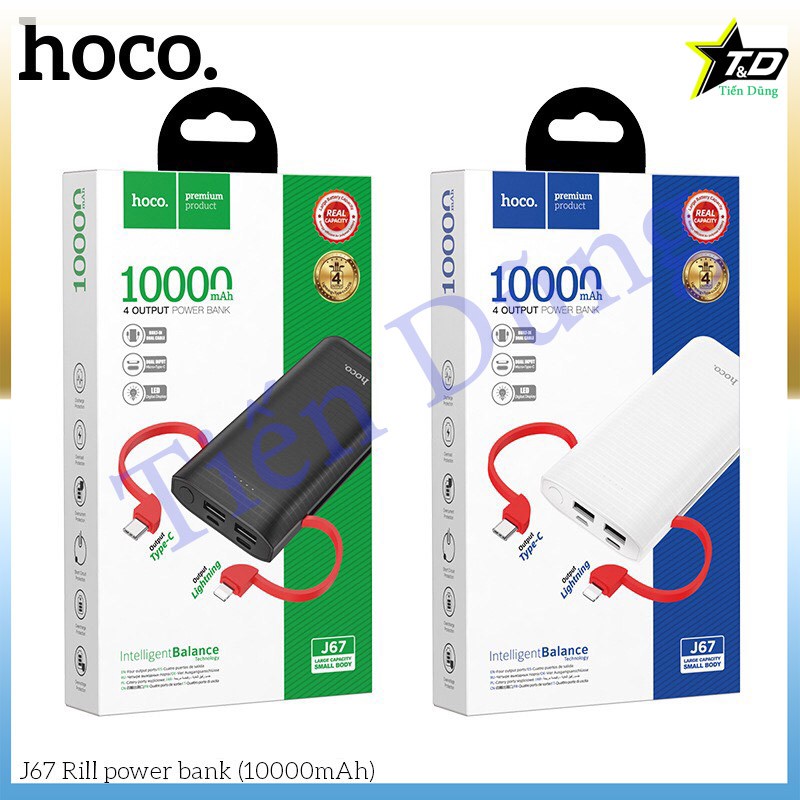 Pin sạc dự phòng Hoco J67 dung lượng 10.000mAh có 2 dây sạc kèm theo chân cắm lightnigh và type-C 2 cổng usb