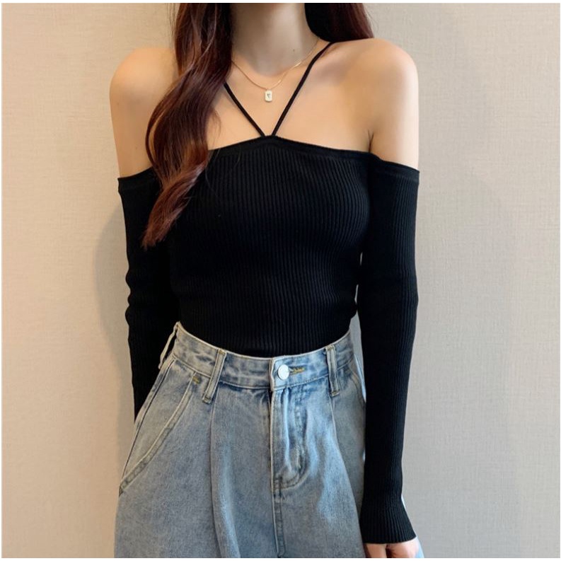 Áo Croptop Tay Dài Hở Vai Phối Dây Kiểu Yếm Đan Chéo Chất Len Tăm Dày Dặn Co Dãn Cực Xexy