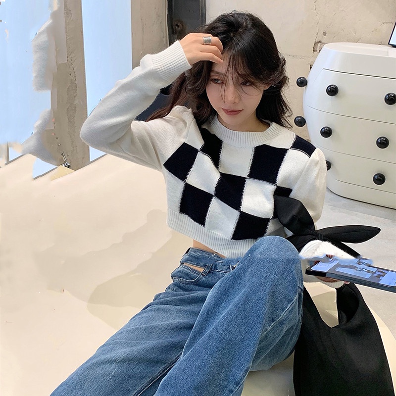 SUXI Áo sweater dệt kim tay dài lưng cao kẻ caro phong cách Hàn Quốc cá tính cho nữ