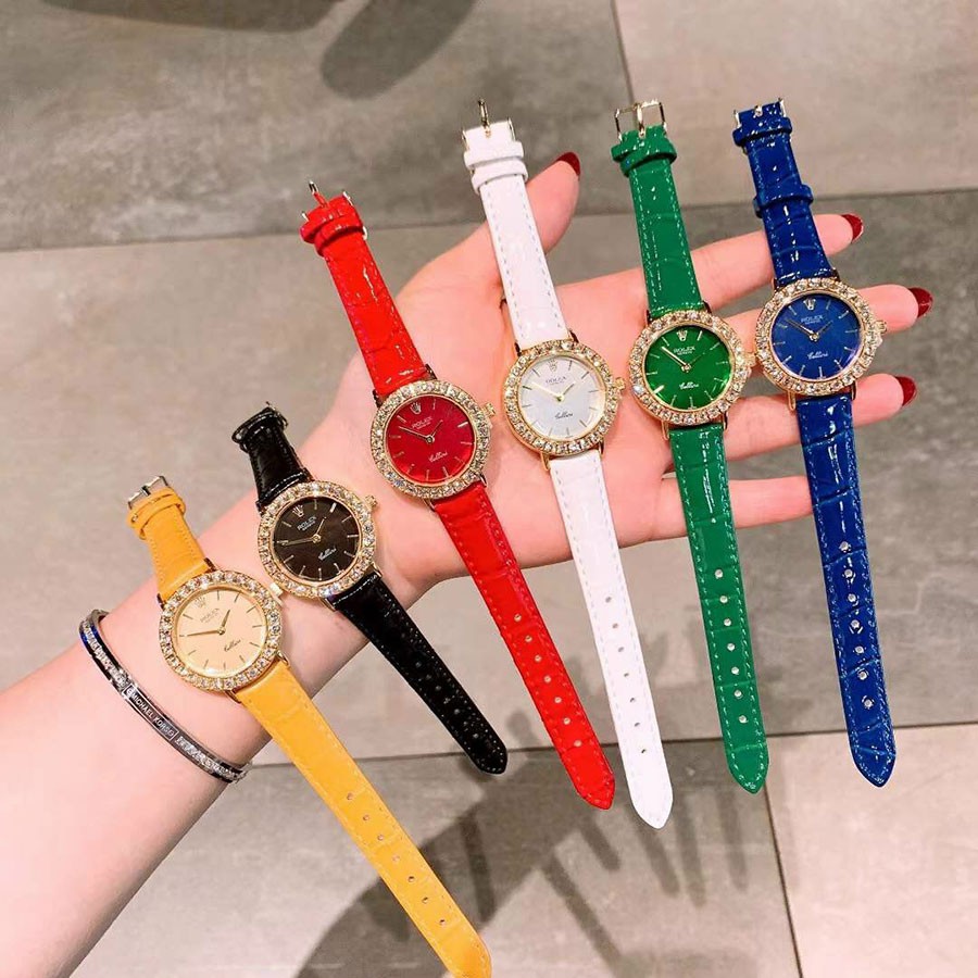 Đồng hồ nữ rolex viền đính đá dây da cao cấp đủ màu - bảo hành