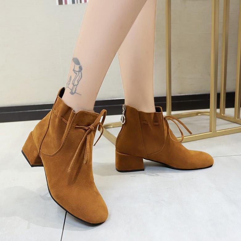 VIP Giày Da Lộn Đế Vuông Hàn Quốc S005/ Giày Da Lộn Thắt Nơ Xinh/ Giày Xinh /Bốt Da Lộn/Giày Cao Cổ