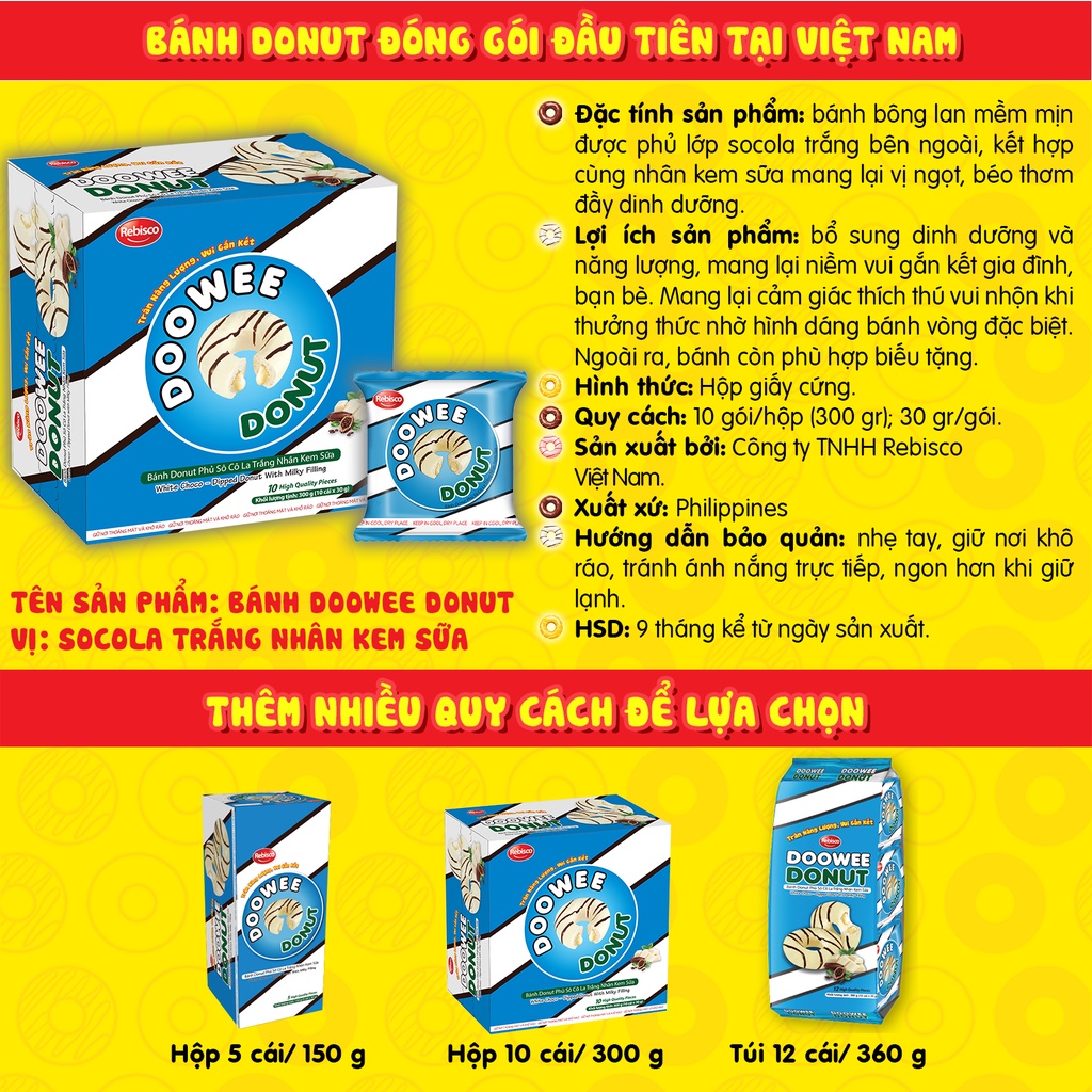 Bánh bông lan - Doowee Donut - Vị socola trắng nhân kem sữa - Combo 2 hộp - Hộp 10 cái/ 300 Gram
