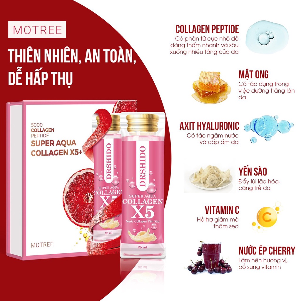 [Mã SGTTC30K giảm 30K] Nước Collagen Yến Sào Motree Super Aqua Collagen X5 1 HỘP 10 gói