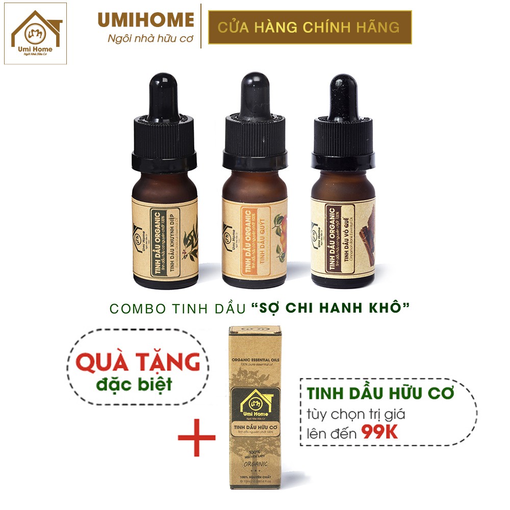 Combo 3 loại Tinh Dầu UMIHOME gồm  Khuynh diệp, Vỏ Quế, Quýt (10mlx3) hữu cơ nguyên chất