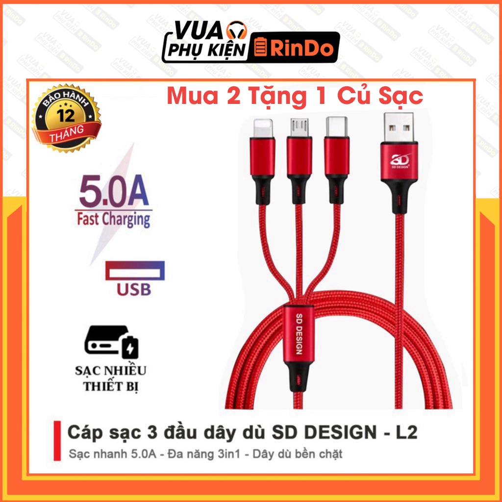 Cáp Sạc 3 Đầu L2 chính hãng SD Design đa năng 3in1 Lightning - Micro - Type C Dây Dù Sạc cho Samsung Oppo Xiaomi iPhone