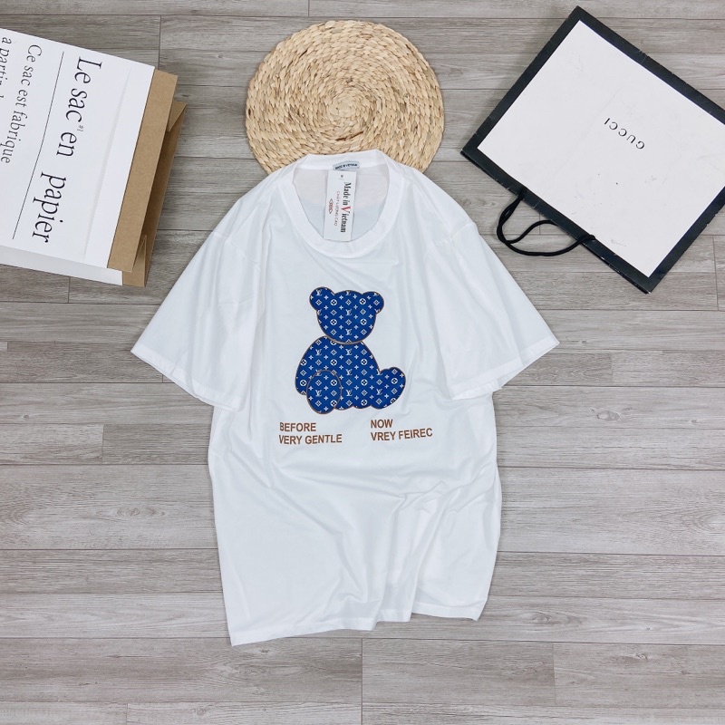 Áo phông gấu dáng rộng tay lỡ giấu quần áo thun cotton