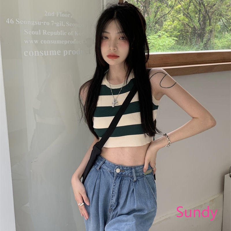 Áo Croptop Dệt Kim Sát Nách Kẻ Sọc Thời Trang Mùa Hè Cho Nữ