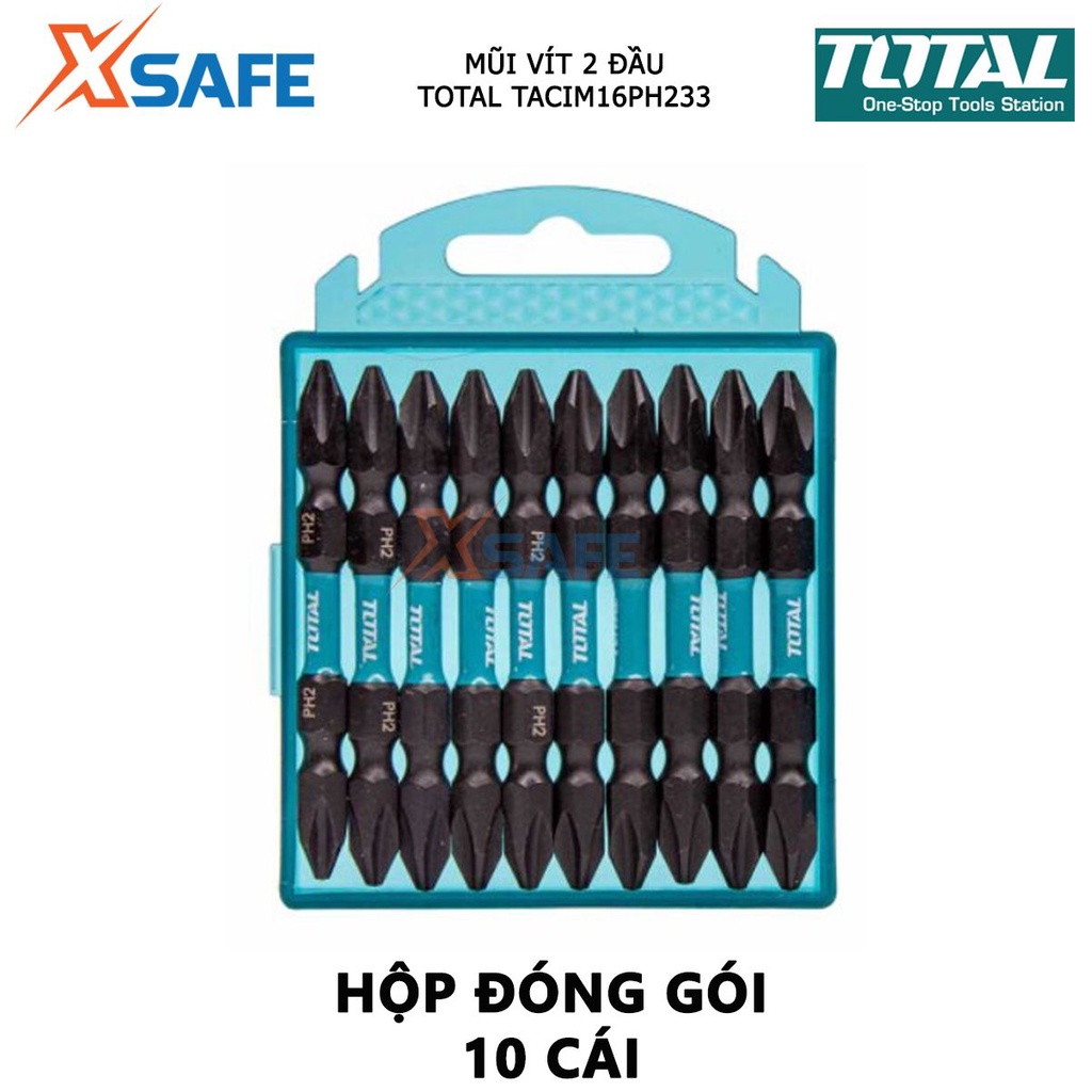 Bộ mũi bắt vít 2 đầu có từ TOTAL TACIM16PH233 | bộ 10 mũi siết vít PH2+PH2x65mm thép công nghiệp S2 tháo, siết vít nhanh