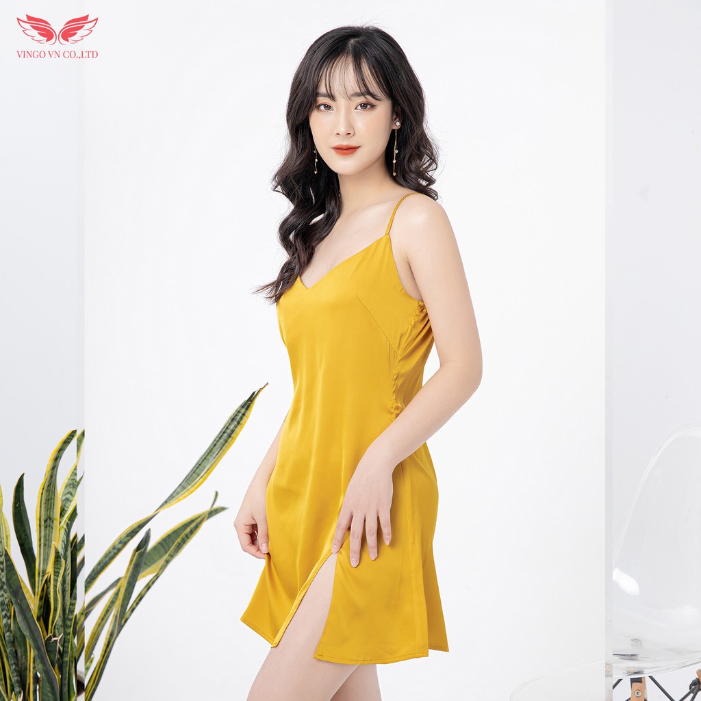 Váy ngủ sexy nữ mặc nhà mùa Hè VINGO lụa trơn cao cấp thiết kế 2 dây liền thân liền thân xẻ 1 bên cực gợi cảm N223 VNGO