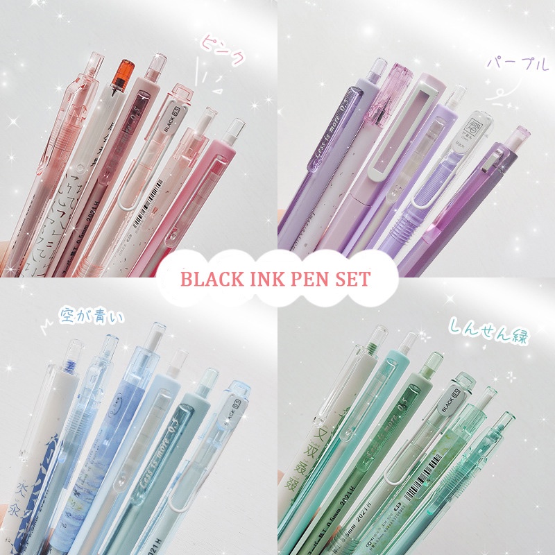 Set 4/6/7 Bút Bi Mực Xanh/Đỏ/Đen Ngòi 0.5mm Kèm Túi Đựng