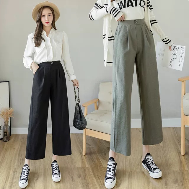 Quần ống rộng lửng lưng thun vải đũi cạp chun khóa kiểu lỡ có túi màu be đen - Quần vải xước mềm mát mặc mùa hè ở nhà