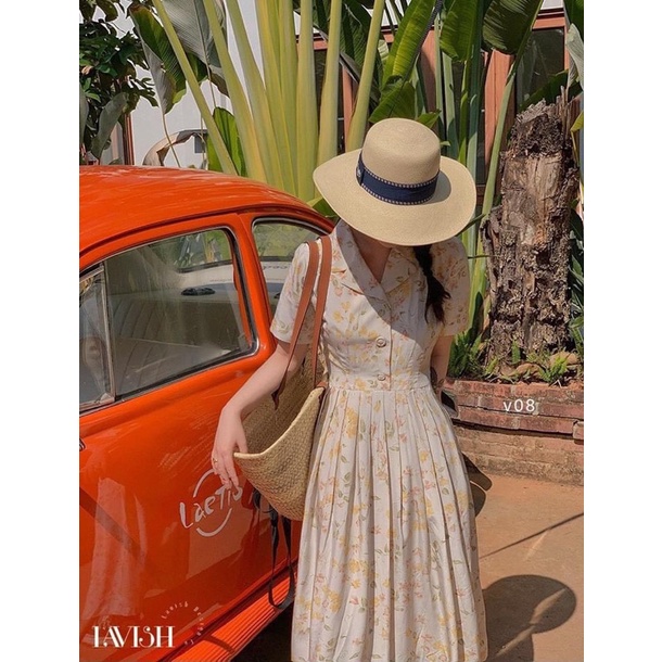 Đầm Hoa Vàng Cổ Vest Nàng Thơ