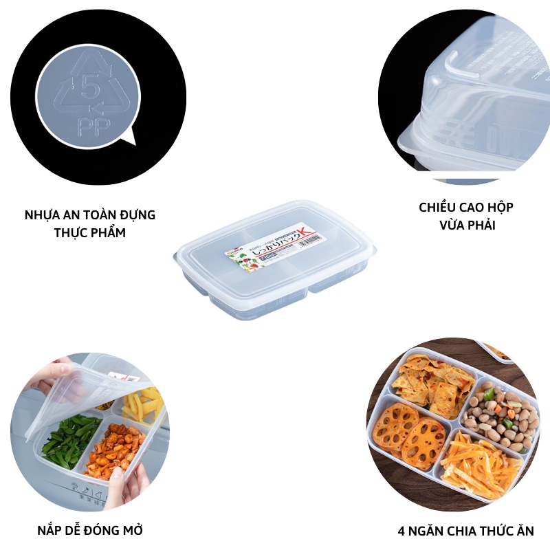 Hộp đựng thực phẩm tủ lạnh không chứa BPA an toàn tiện ích bằng nhựa nguyên sinh chia 4 ngăn 710ml Miibooshi