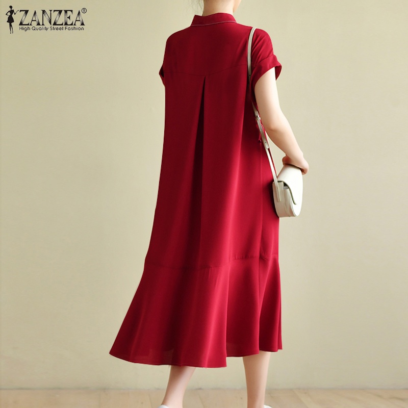 Đầm midi Zanzea tay ngắn màu trơn viền nhún bèo phong cách cổ điển cho nữ