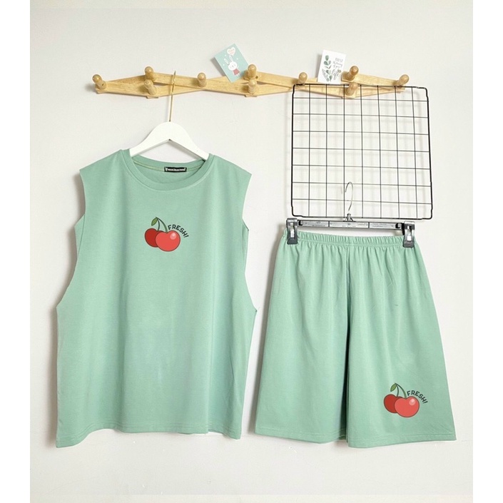 Bộ tanktop áo ba lỗ kèm bra quây quần đùi sooc chất cotton in quả cherry