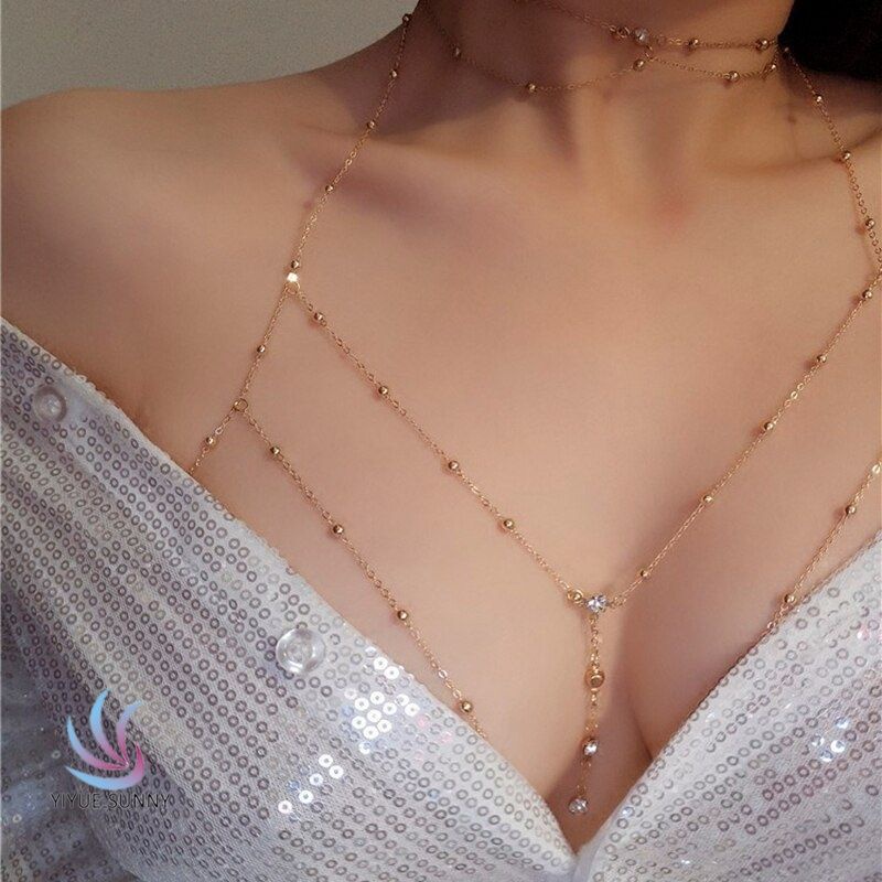 Dây chuyền đeo cơ thể, lắc eo body chain vòng đeo ngực dạng xích bằng kim loại đính đá lấp lánh trang trí bikini sexy