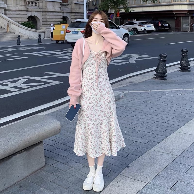 Sét đầm hoa 2s + áo khoác hồng