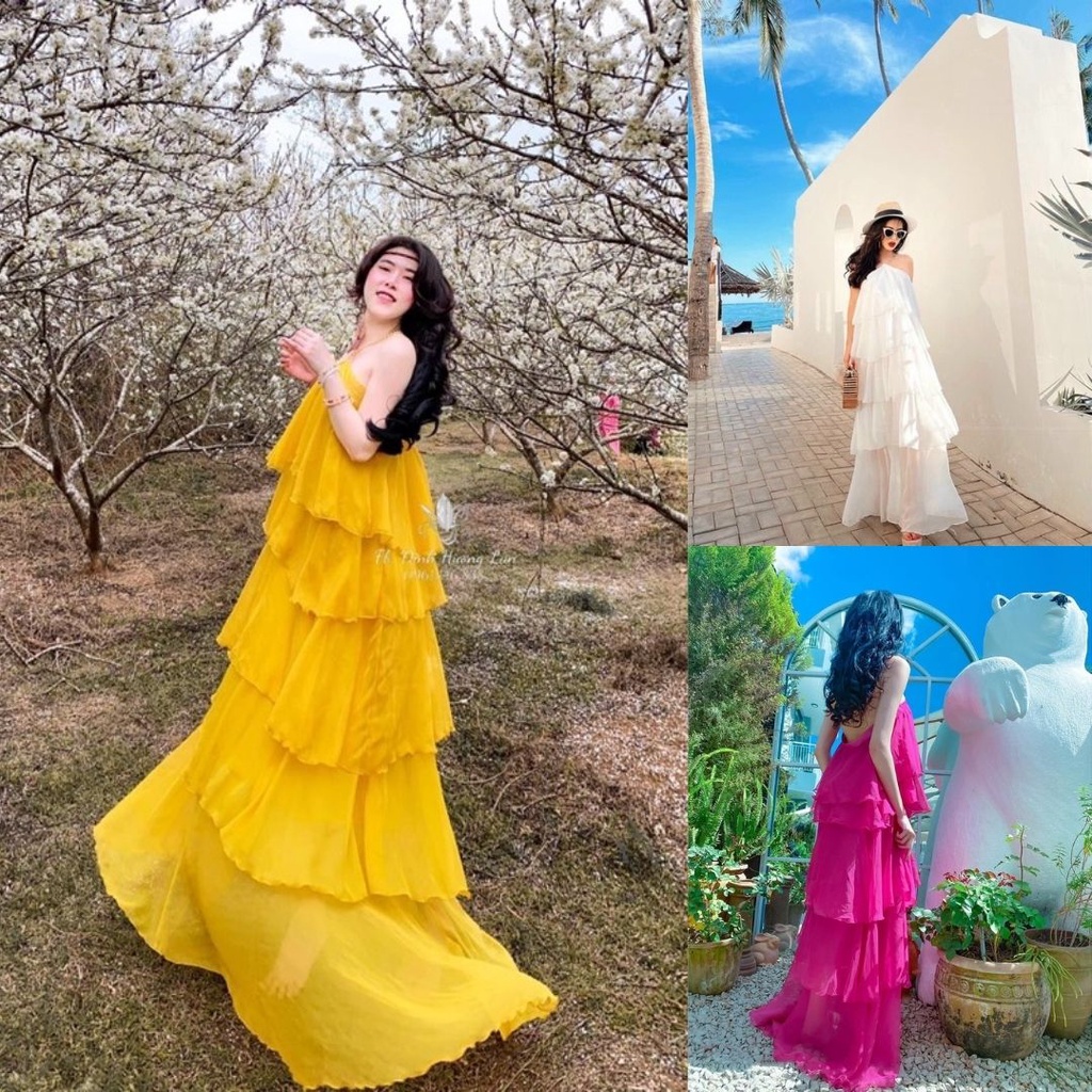 Đầm maxi xếp tầng đi biển, Đầm dự tiệc Cao Cấp hồng vàng trắng dáng xòe dài qua gối phối tầng cổ dây xích - MiNhi