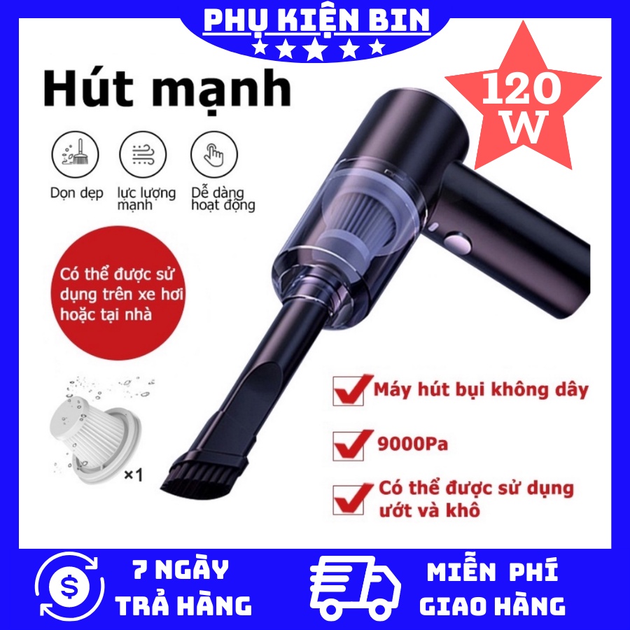 Máy hút bụi mini cầm tay không dây sạc điện, Máy hút bụi xe hơi, Hút bụi gia đình lực hút 9000PA tặng kèm đầu hút và lõi