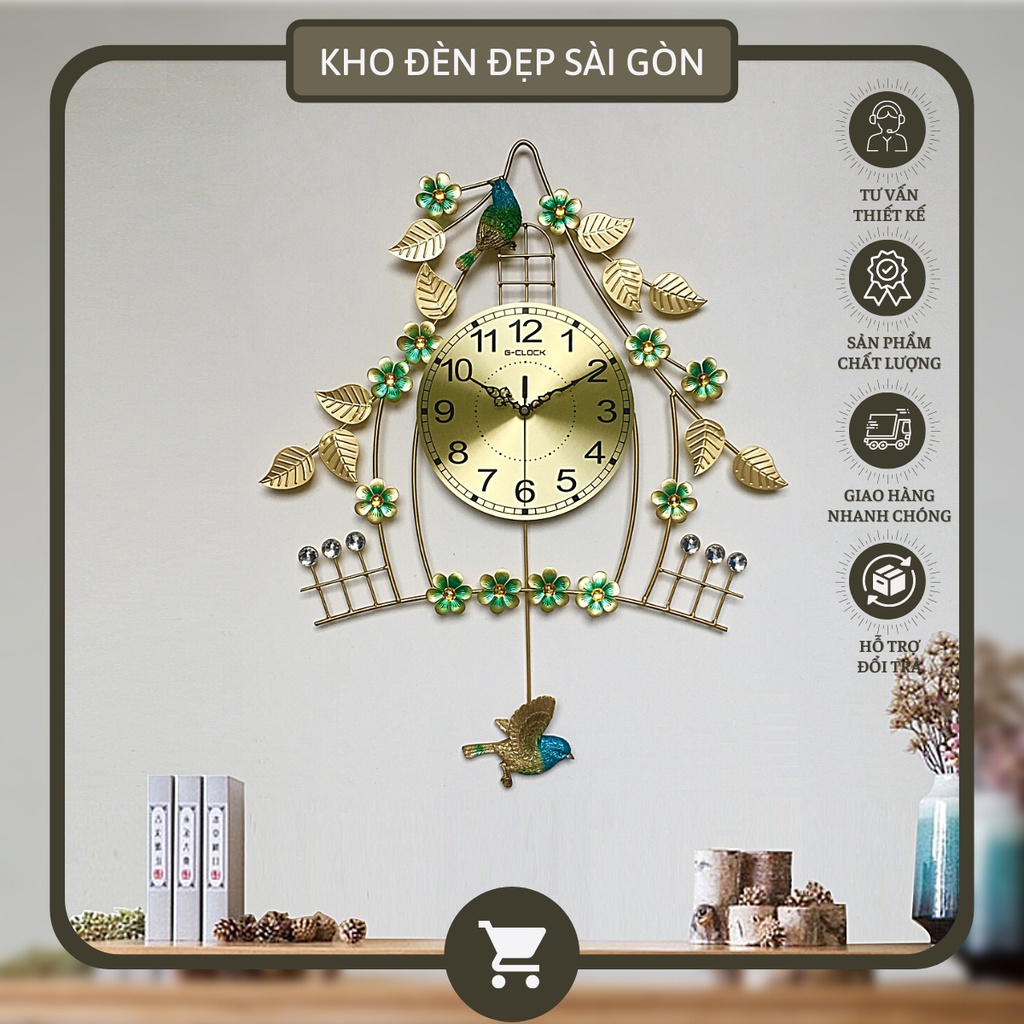 Đồng hồ trang trí, Đồng hồ treo tường Decor Hình chim trên cành cây hoa lá Mặt nhôm mạ vàng Mã DH1924