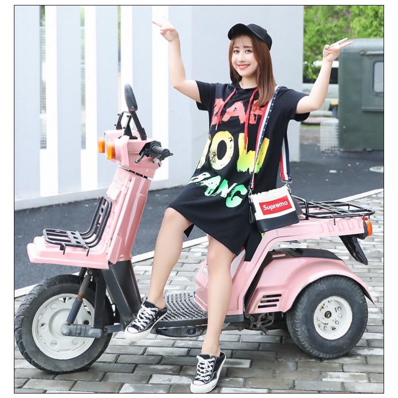 đầm thun đen có nón big size in chữ zap phối sắc màu size 80-120kg