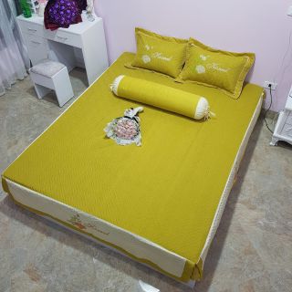 Sale off bộ ga gối satin poly ga phủ trần bông kèm 2 vỏ gối thêu lót bông y ảnh
