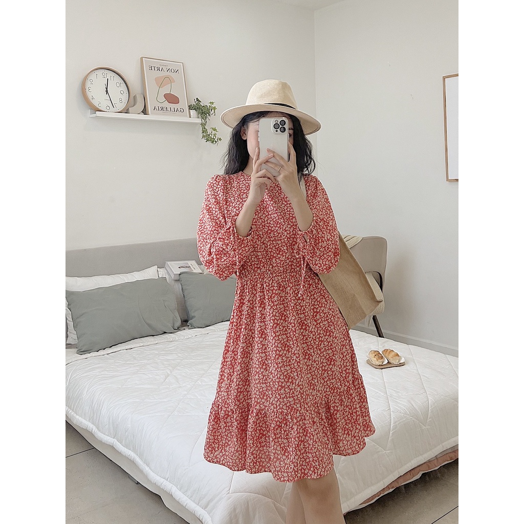 Đầm hoa nhí nữ nơ tay chun eo Nhienvintage BD10