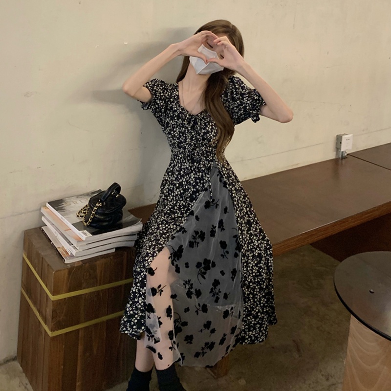 Đầm ZHELIHANGFEI họa tiết hoa cổ vuông dáng dài xinh xắn dành cho nữ