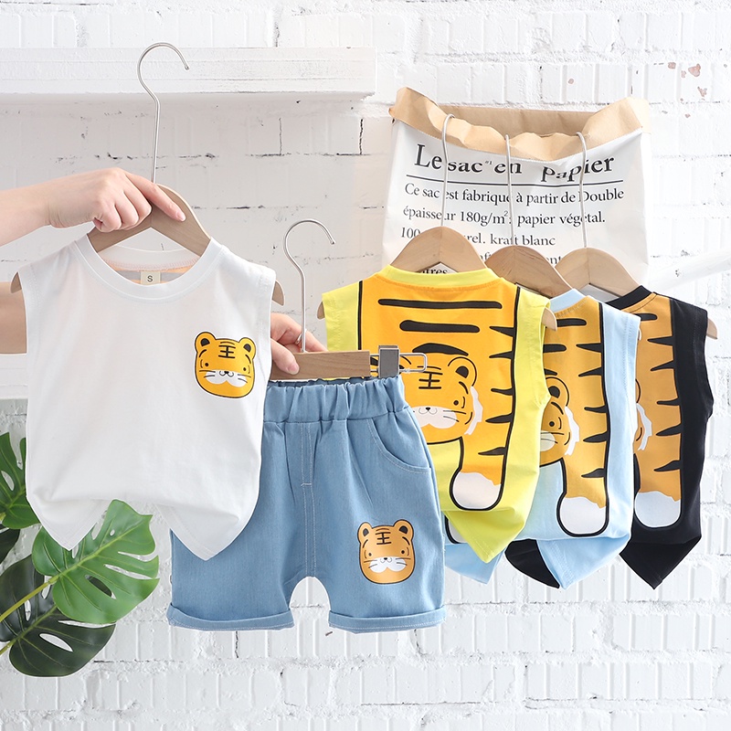 Bộ Áo Sát Nách + Quần Short Cotton In Hình Hổ Hoạt Hình Mùa Hè Kích Thước 80-120cm Cho Trẻ Em