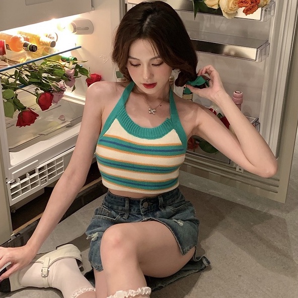 Áo cổ yếm ZHELIHANGFEI dệt kim dáng ngắn thời trang mùa hè 2022 cho nữ