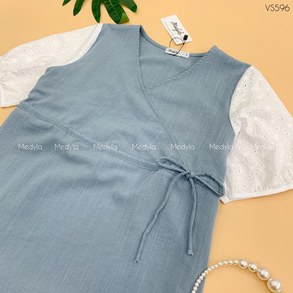 Váy bầu xinh 1 lớp đũi hàn phối ren cho bầu du xuân cực xinh - Đầm bầu dự tiệc thiết kế Medyla - VS596