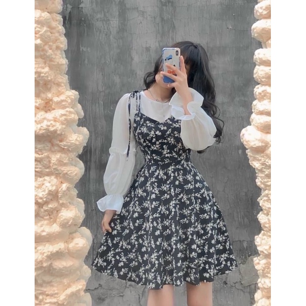 ❤️SET áo voan trắng + yếm hoa nhí đen tiểu thư MeiHome🥰