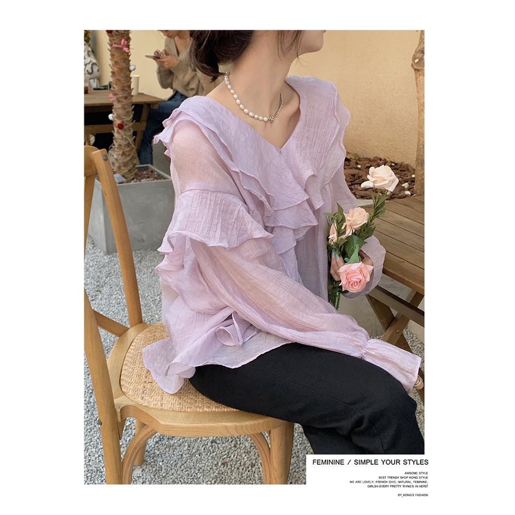 Áo chiffon Tay Phồng Cổ Chữ v Màu Trơn Phong Cách Hàn Quốc Đơn Giản Thời Trang Cho Nữ