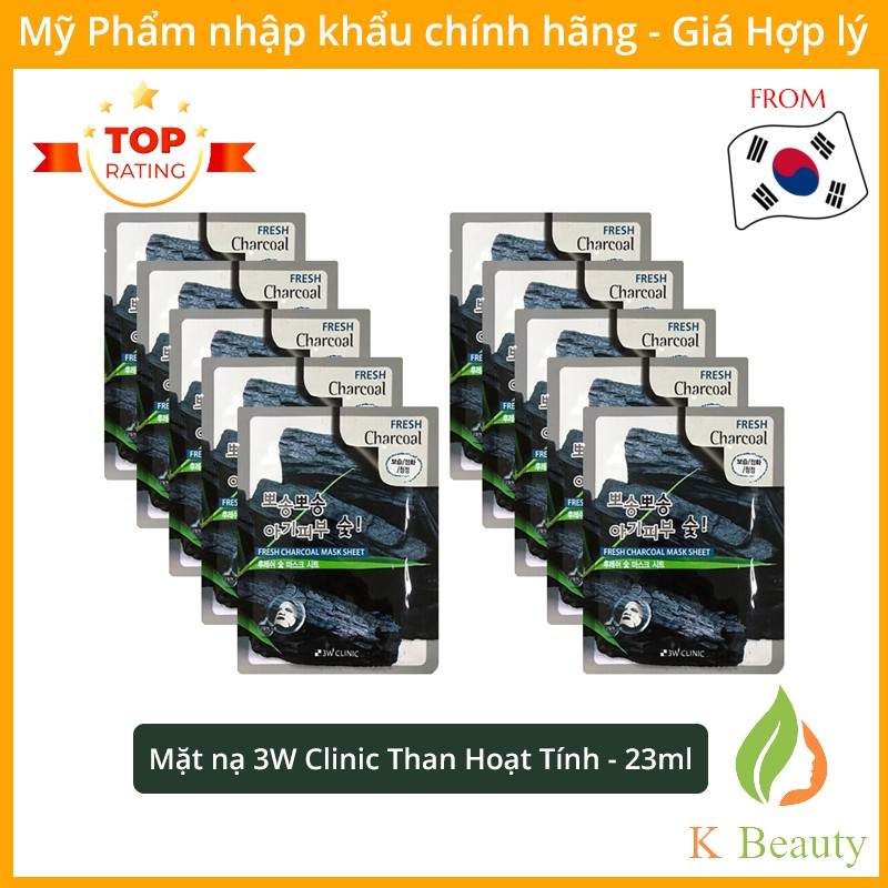 Bịch 10 Túi Mặt nạ giấy dưỡng trắng da Than Hoạt Tính - 3W Clinic Fresh Charcoal Mask Sheet - Hàn Quốc 23mlx10
