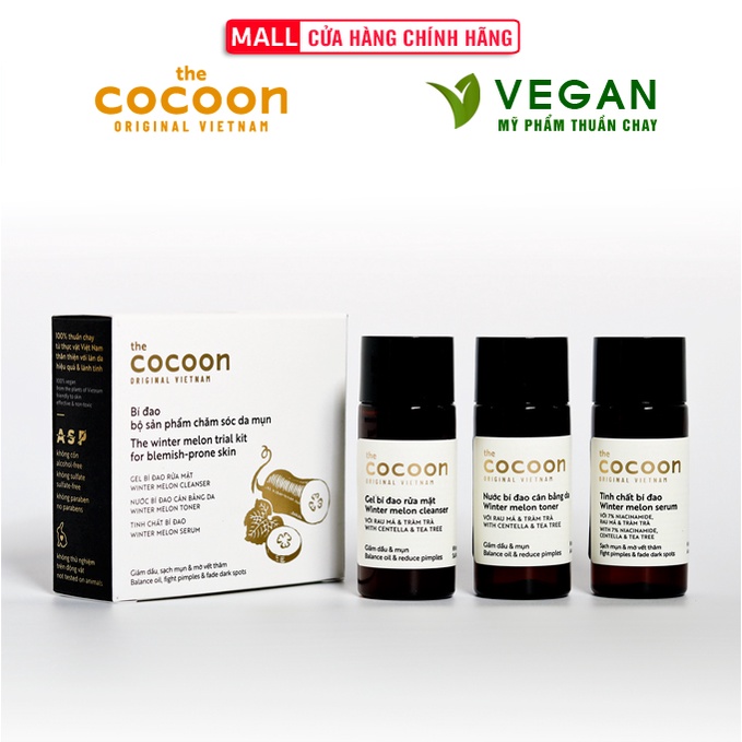 Bộ bí đao Cocoon chăm sóc da mụn: Gel rửa mặt 15ml + Toner 15ml + Serum 15ml