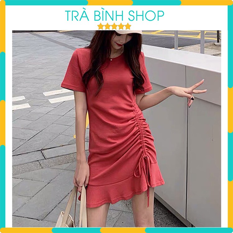 Váy Chất Cotton Đuôi Cá Rút Eo Đầm Body Ngắn Tay Tôn Dáng Hàng VNXK