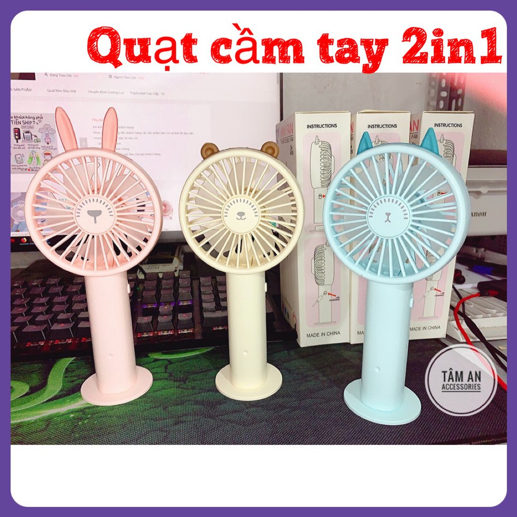 💗[Sỉ Inbox] Quạt Mini KÈM Chân Đứng Pin 3h + SẠC + PIN - gấu/mèo/thỏ