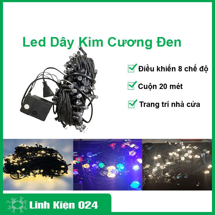 Led dây kim cương đen nhiều màu cuộn 20m điều khiển 8 chế độ trang trí ngoài trời