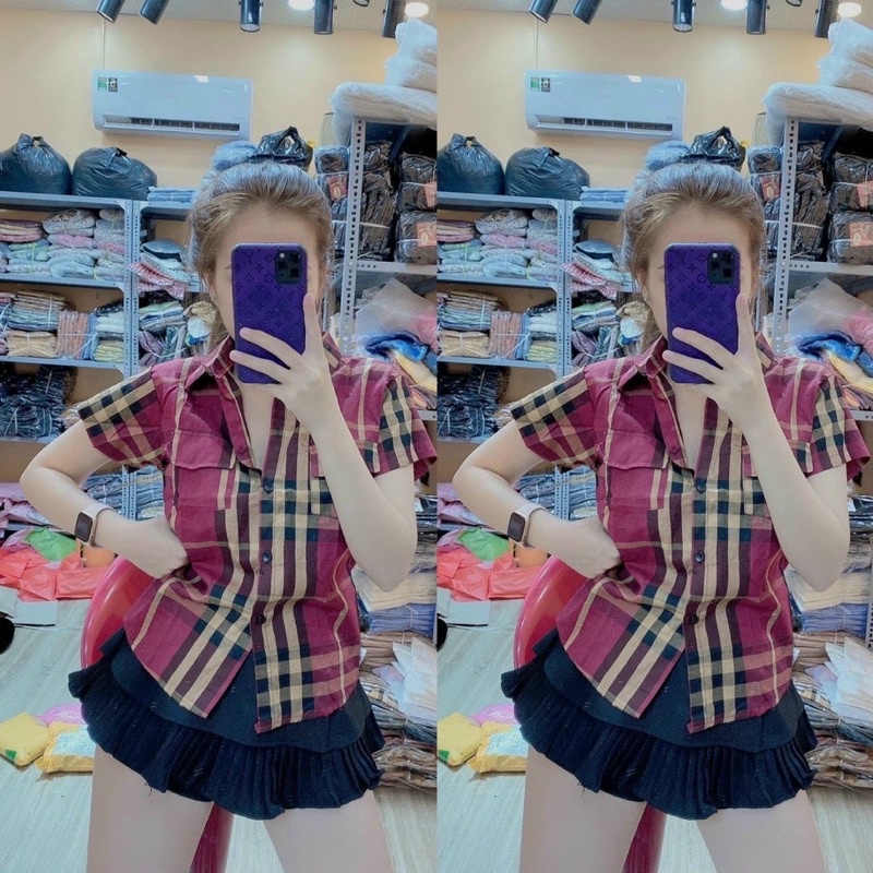 Áo sơ mi CARO  tay ngắn nữ hình thật UN - Thiên Yết