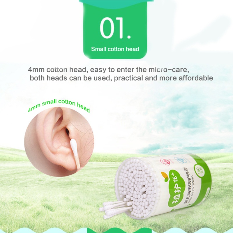 Hộp 180 Tăm Bông Cotton Hai Đầu Có Tay Cầm Giấy Cho Người Lớn Và Trẻ Em