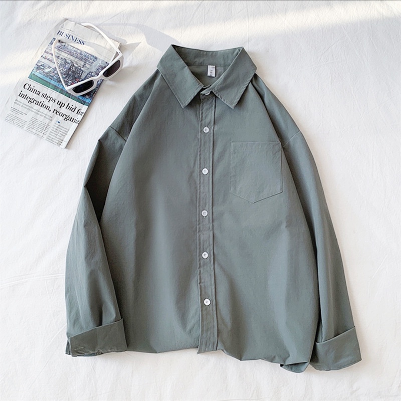 Áo Sơ Mi Tay Dài Dáng Rộng Màu Sắc Đơn Giản Thời Trang Xuân Thu Cho Nam
