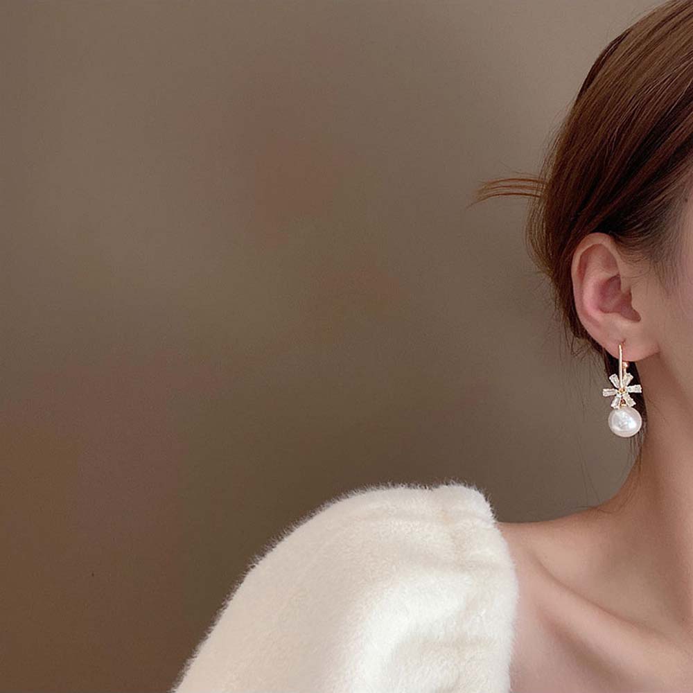 Khuyên Tai Hình Chữ C Đính Đá Zircon / Ngọc Trai Đơn Giản Thời Trang Hàn Quốc