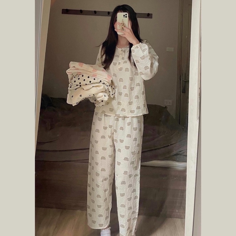 Bộ ngủ nữ cute, màu sắc Hàn Quốc chất nhăn xốp ẢNH THẬT | BigBuy360 - bigbuy360.vn