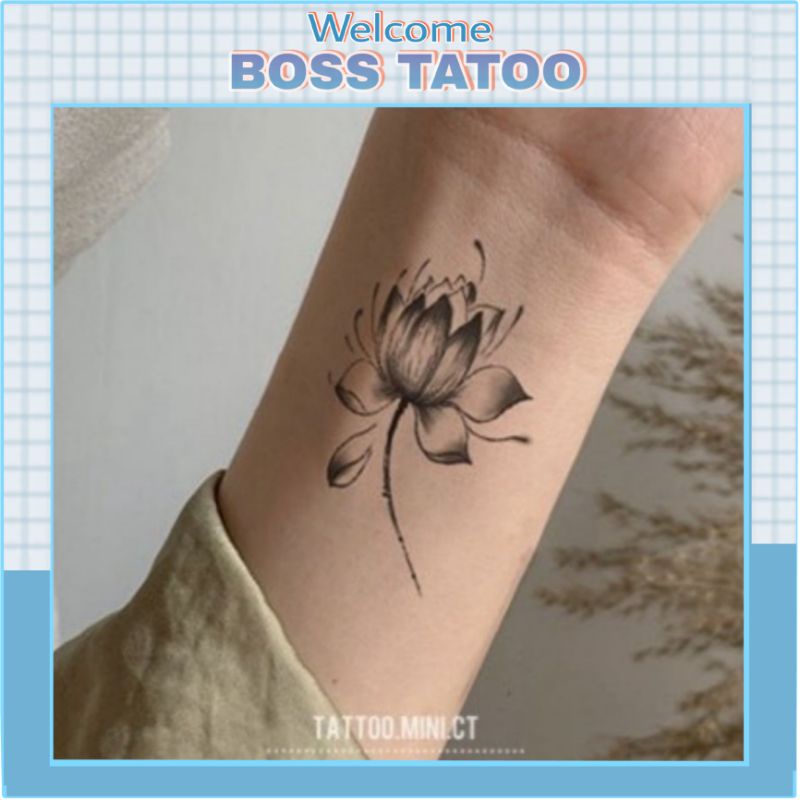 Hình xăm tatoo bông sen đen d08 e17. Xăm dán tatoo mini tạm thời, size &lt;10x6cm