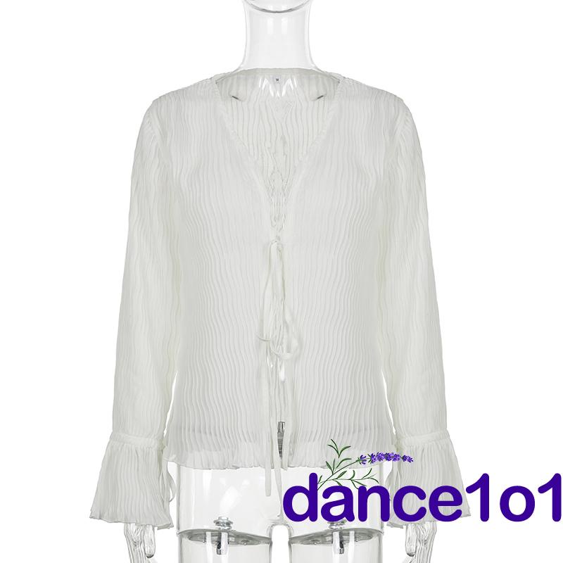 ♥DJ❥Women Long Sleeve Deep V Neck Solid Color Tops